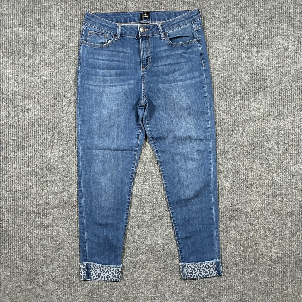 Dressbarn Womens Skinny Jeans Size 8 Blue Cuffed Leopard Print Hem Stretch